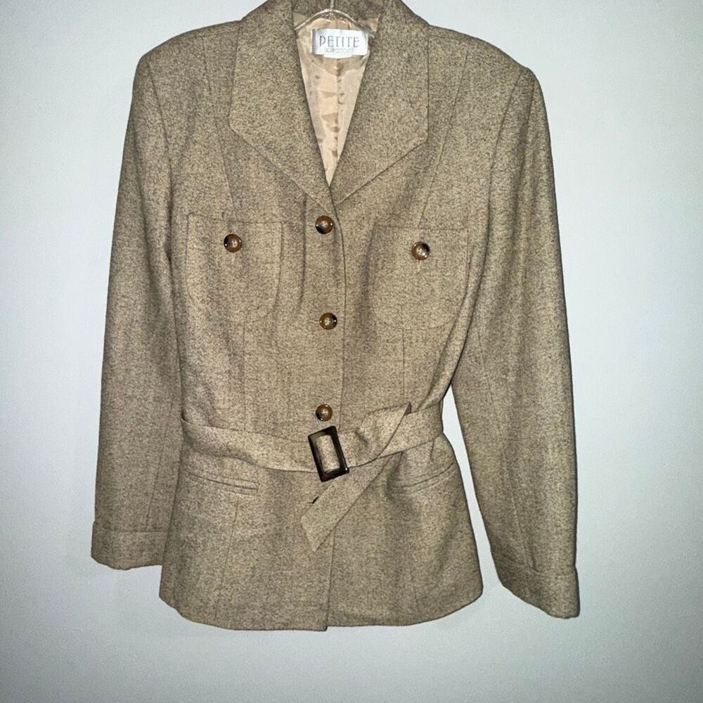 Vintage Petite Sophisticate Taupe Belted Blazer Jacket Double Breasted Safari St
